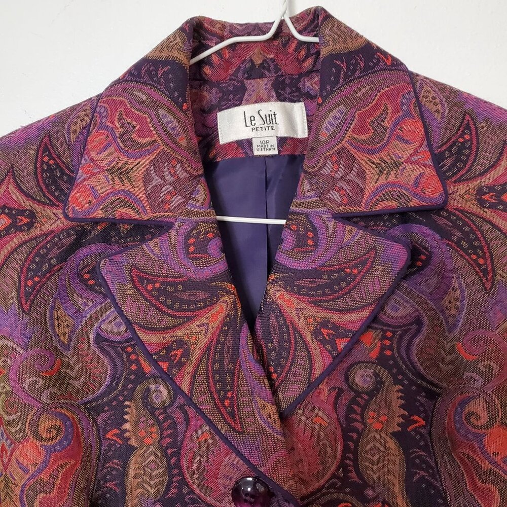 Le Suit Petite Womens Paisley Blazer Jacket Size 10P Polyester Multicolor Purple - Picture 7 of 7